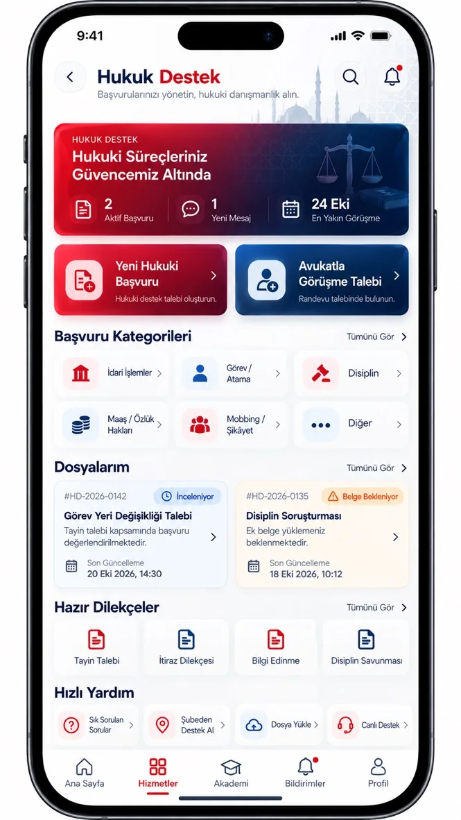 Hukuk Destek ekranı: başvuru kategorileri, dosyalarım, hazır dilekçeler ve hızlı yardım